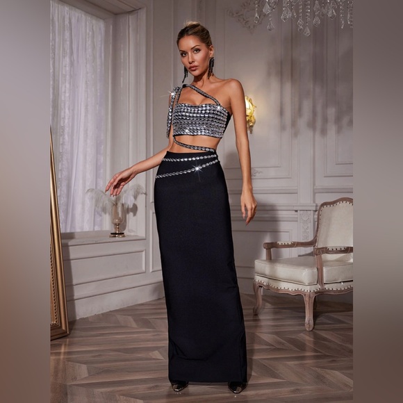 MEW MEWS HANIA RHINESTONE Elegant Black Women's GALA WEDDING DRESS 2 piece Small - Picture 3 of 8